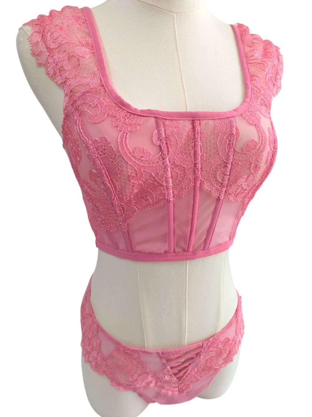Victoria's Secret Pink Corset Top Panty Set  Boho Lace Bustier Lingerie Sz S / M
